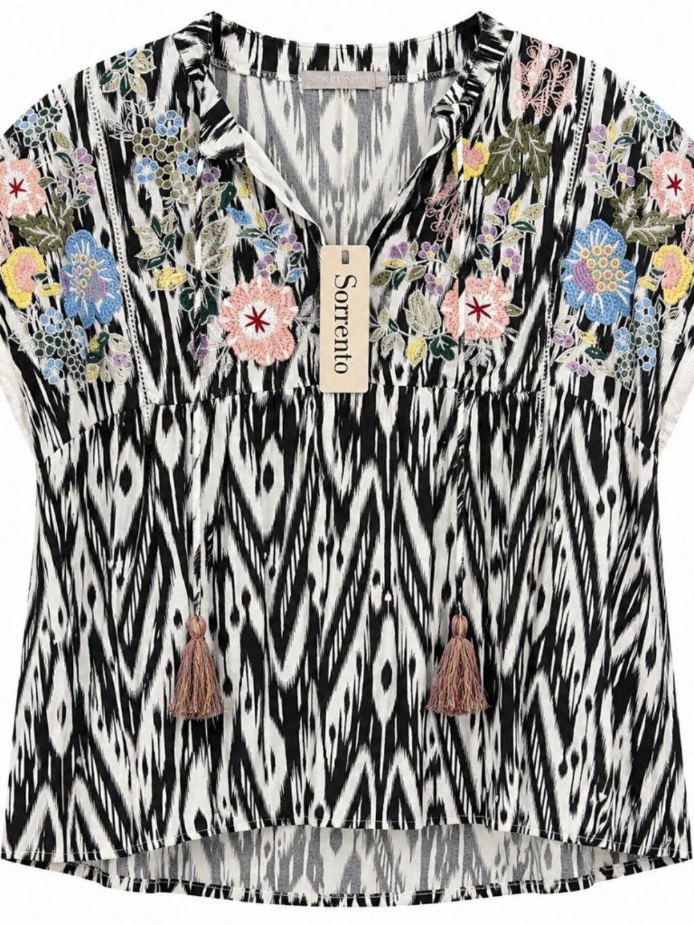 Sorrento Embroidered Ikat Blouse Top Floral Tassels Black White Size M NWT